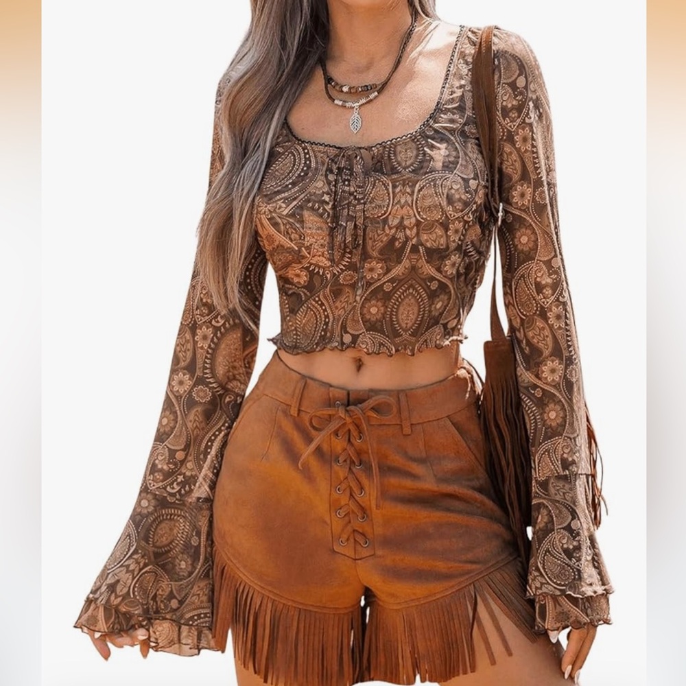 GORGLITTER Women’s Sheer Mesh Top With Long Bell Sleeves